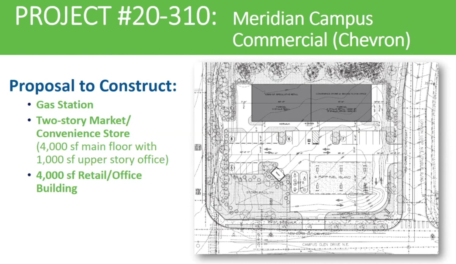 This drawing shows the plan for a proposed small commercial development in the Meridian Campus in northeast Lacey, as discussed on May 20, 2021 by the Lacey Planning Commission.